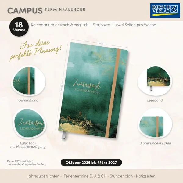 Bild: 9783731891321 | Terminkalender Campus Smaragd 18 Monate 2026/2027 | Verlag Korsch