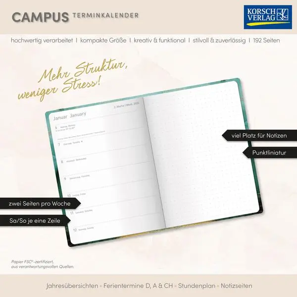 Bild: 9783731891321 | Terminkalender Campus Smaragd 18 Monate 2026/2027 | Verlag Korsch
