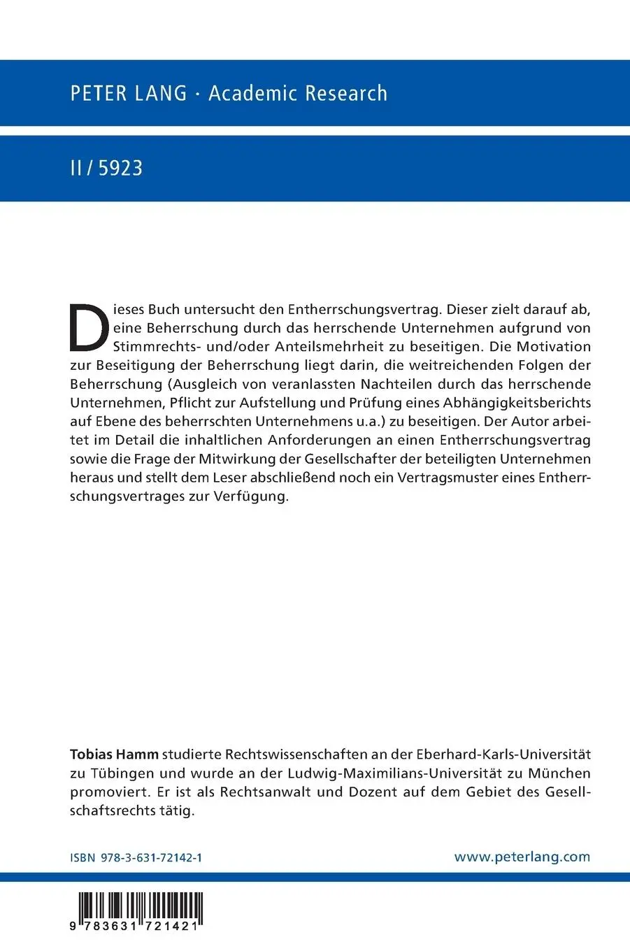 Rückseite: 9783631721421 | Der Entherrschungsvertrag | Tobias Hamm | Buch | Gebunden | Deutsch