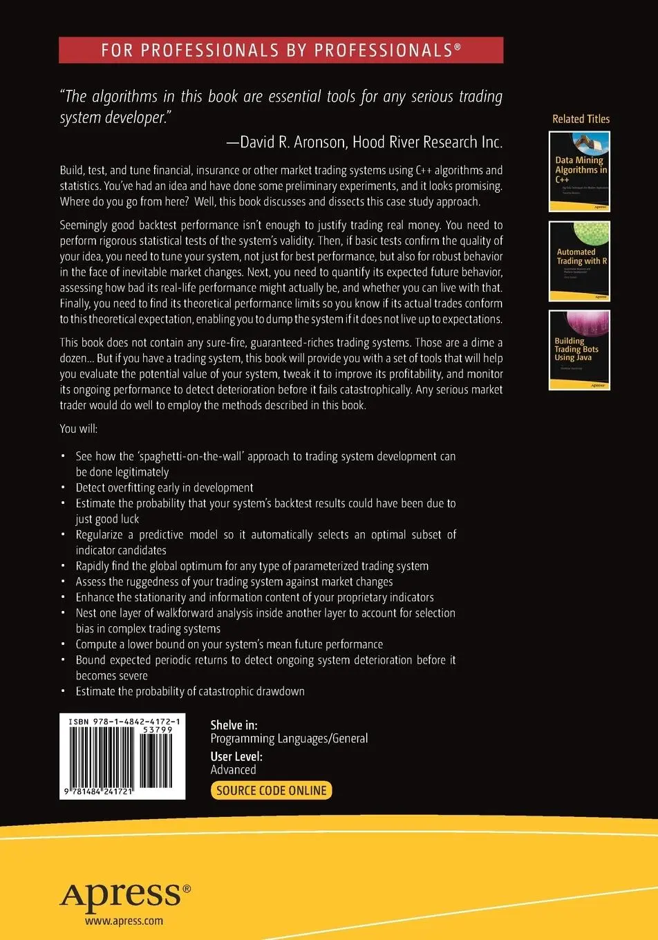 Rückseite: 9781484241721 | Testing and Tuning Market Trading Systems | Algorithms in C++ | Buch