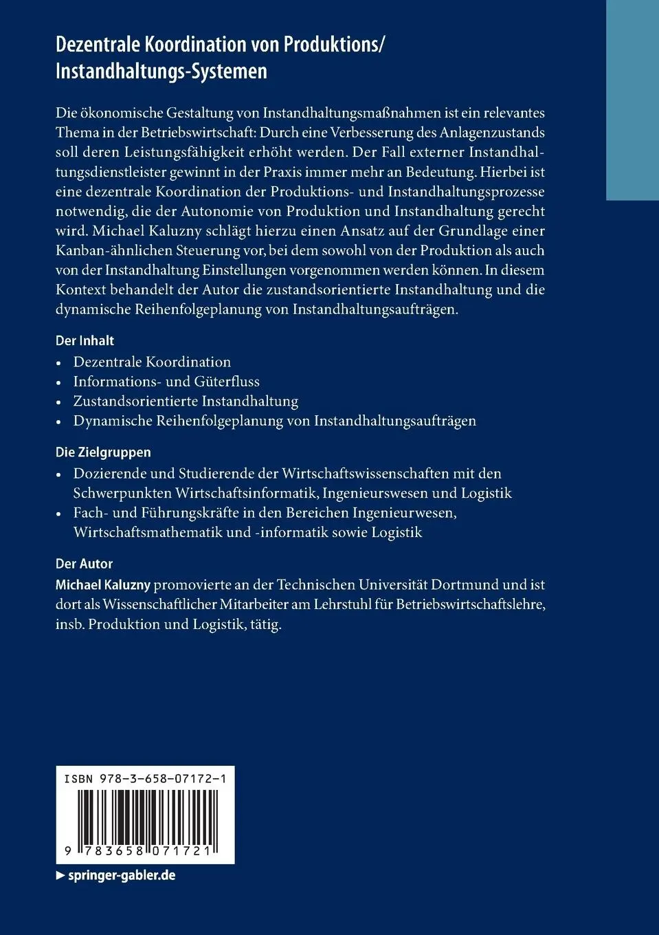 Rückseite: 9783658071721 | Dezentrale Koordination von Produktions/Instandhaltungs-Systemen
