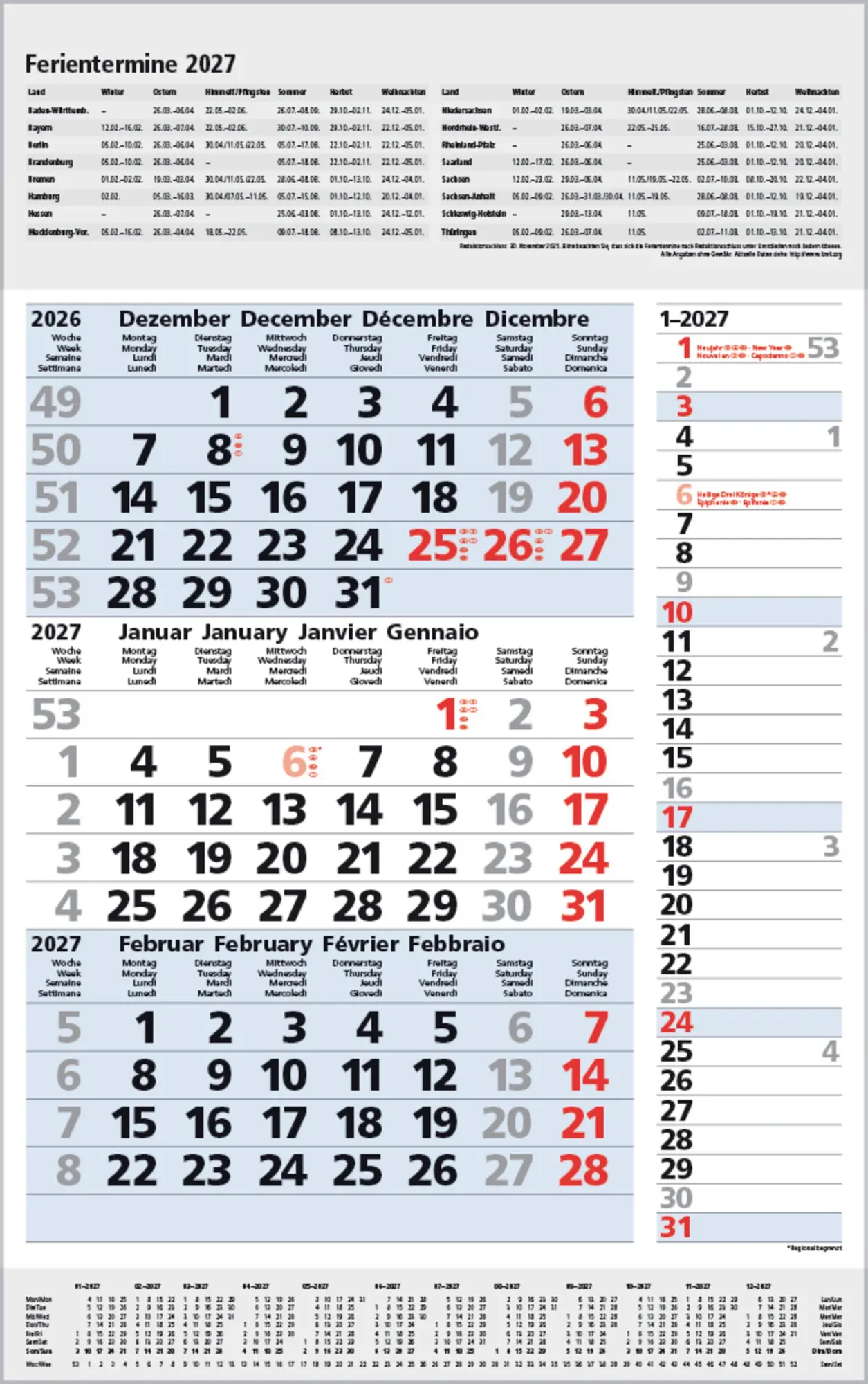 Cover: 9783819302121 | 3-Monats-Planer Combi Blau 2027 | Verlag Korsch | Kalender | 12 S.