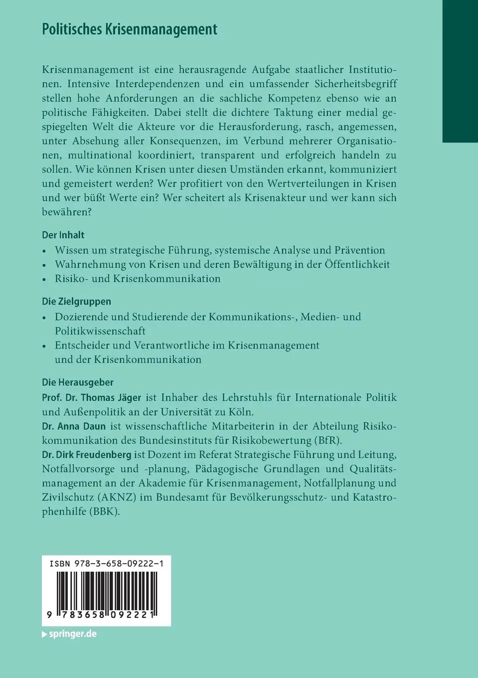 Rückseite: 9783658092221 | Politisches Krisenmanagement | Wissen ¿ Wahrnehmung ¿ Kommunikation