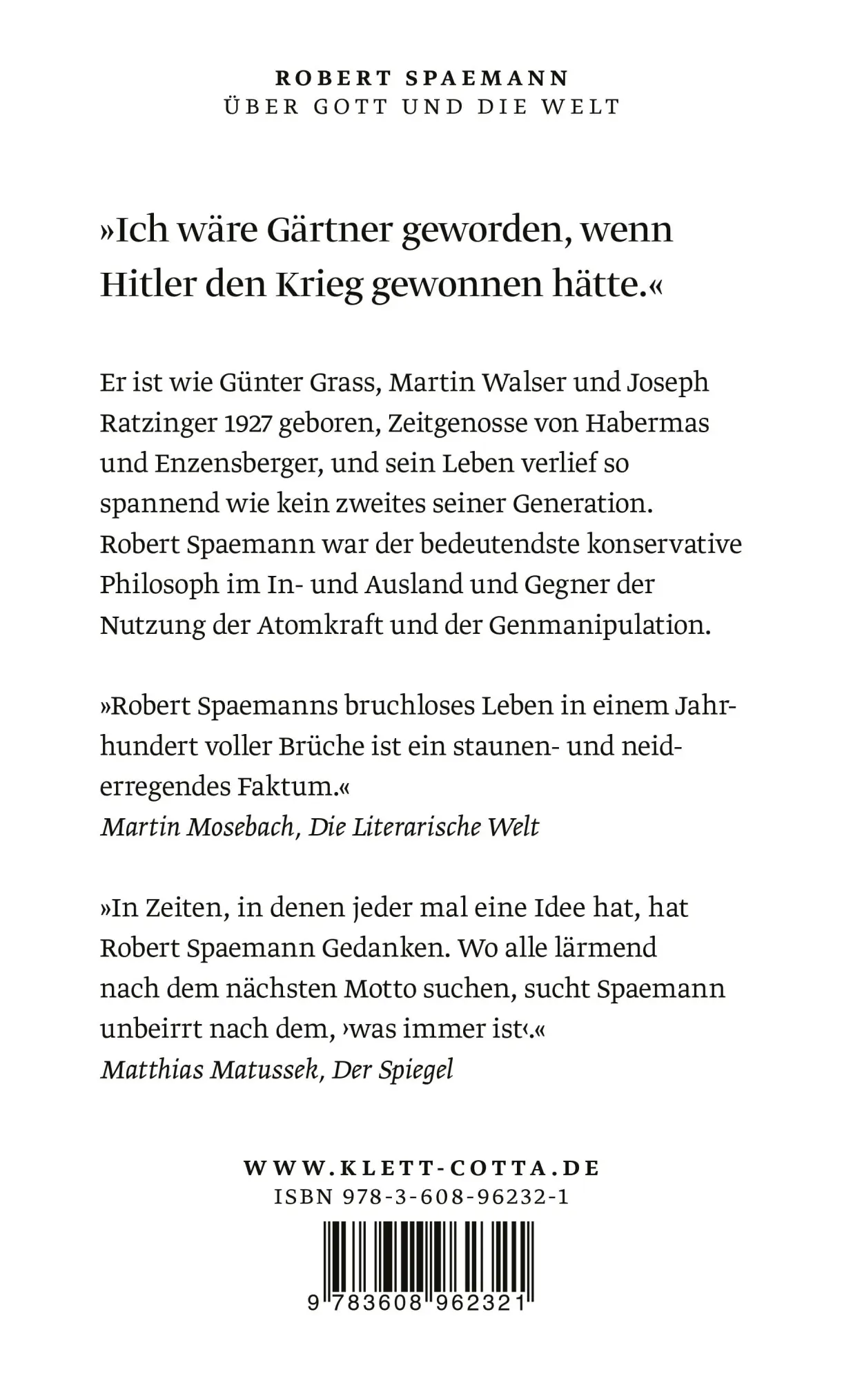Rückseite: 9783608962321 | Über Gott und die Welt | Robert Spaemann | Taschenbuch | 350 S. | 2023