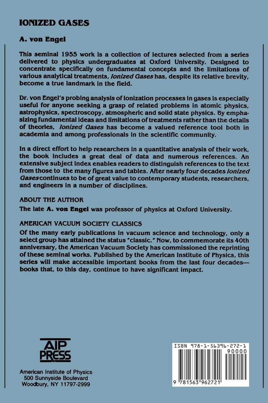 Rückseite: 9781563962721 | Ionized Gases | A. Von Engel | Taschenbuch | xiv | Englisch | 1997