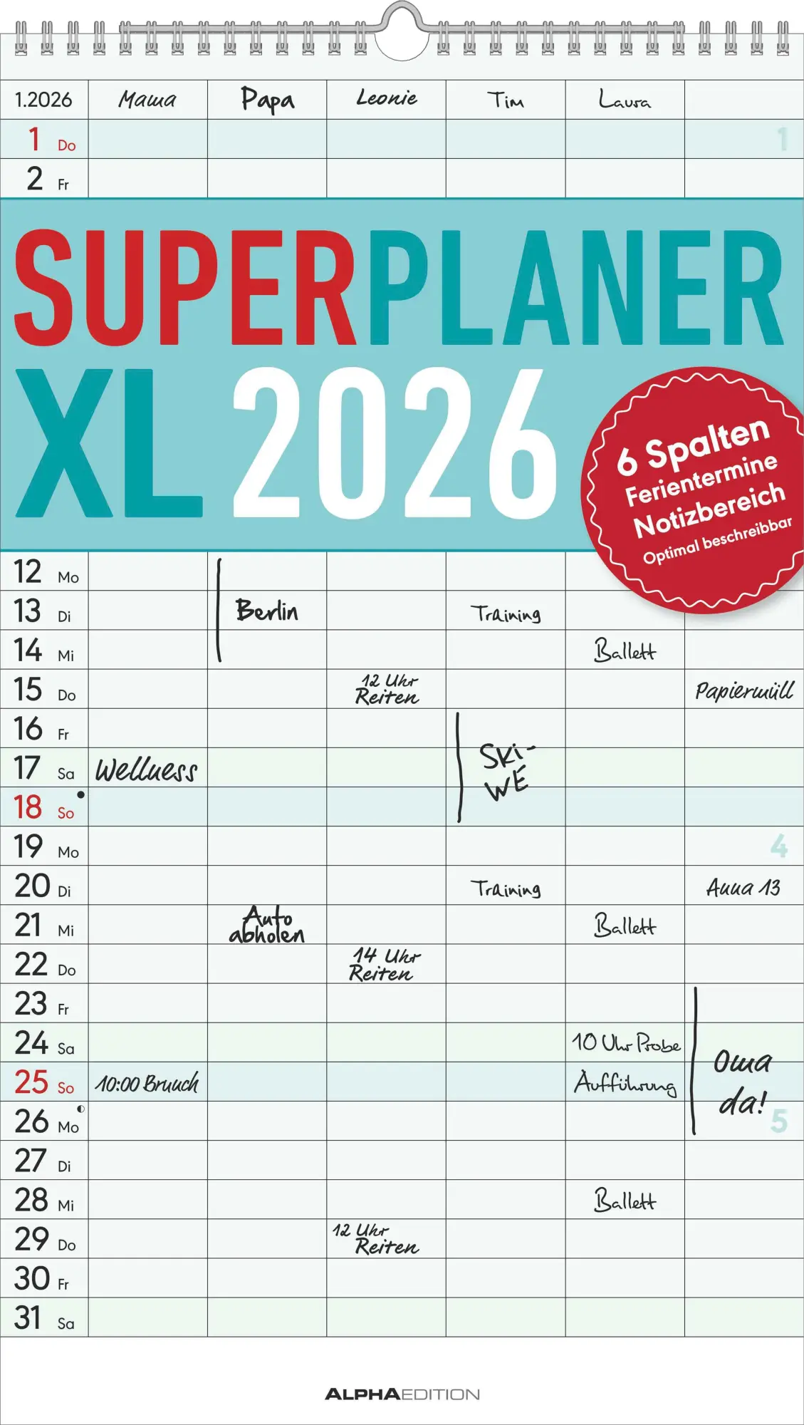 Cover: 4069095002821 | Superplaner XL 2026 6 Spalten - Familien-Timer 26x45 cm -...
