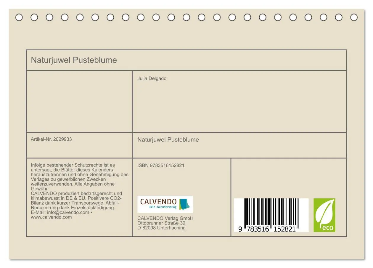 Bild: 9783516152821 | Naturjuwel Pusteblume (Tischkalender 2026 DIN A5 quer), CALVENDO...