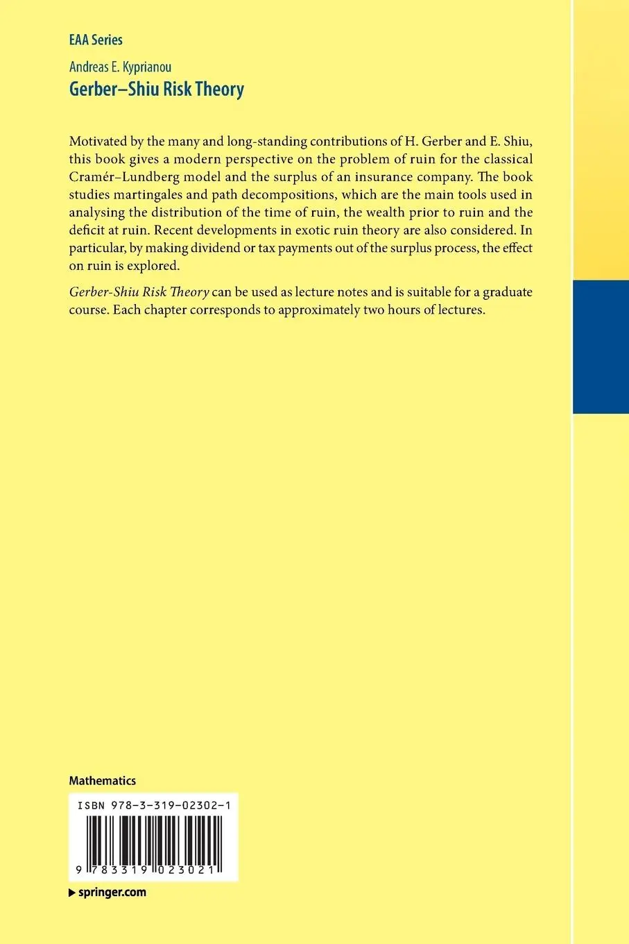Rückseite: 9783319023021 | Gerber-Shiu Risk Theory | Andreas E. Kyprianou | Taschenbuch | viii