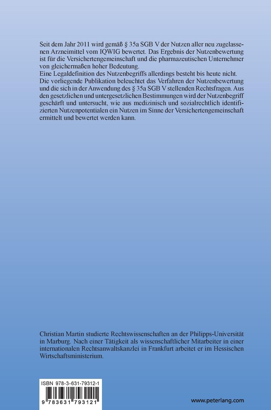 Rückseite: 9783631793121 | Die Nutzenbewertung von Arzneimitteln nach § 35a SGB V | Martin | Buch
