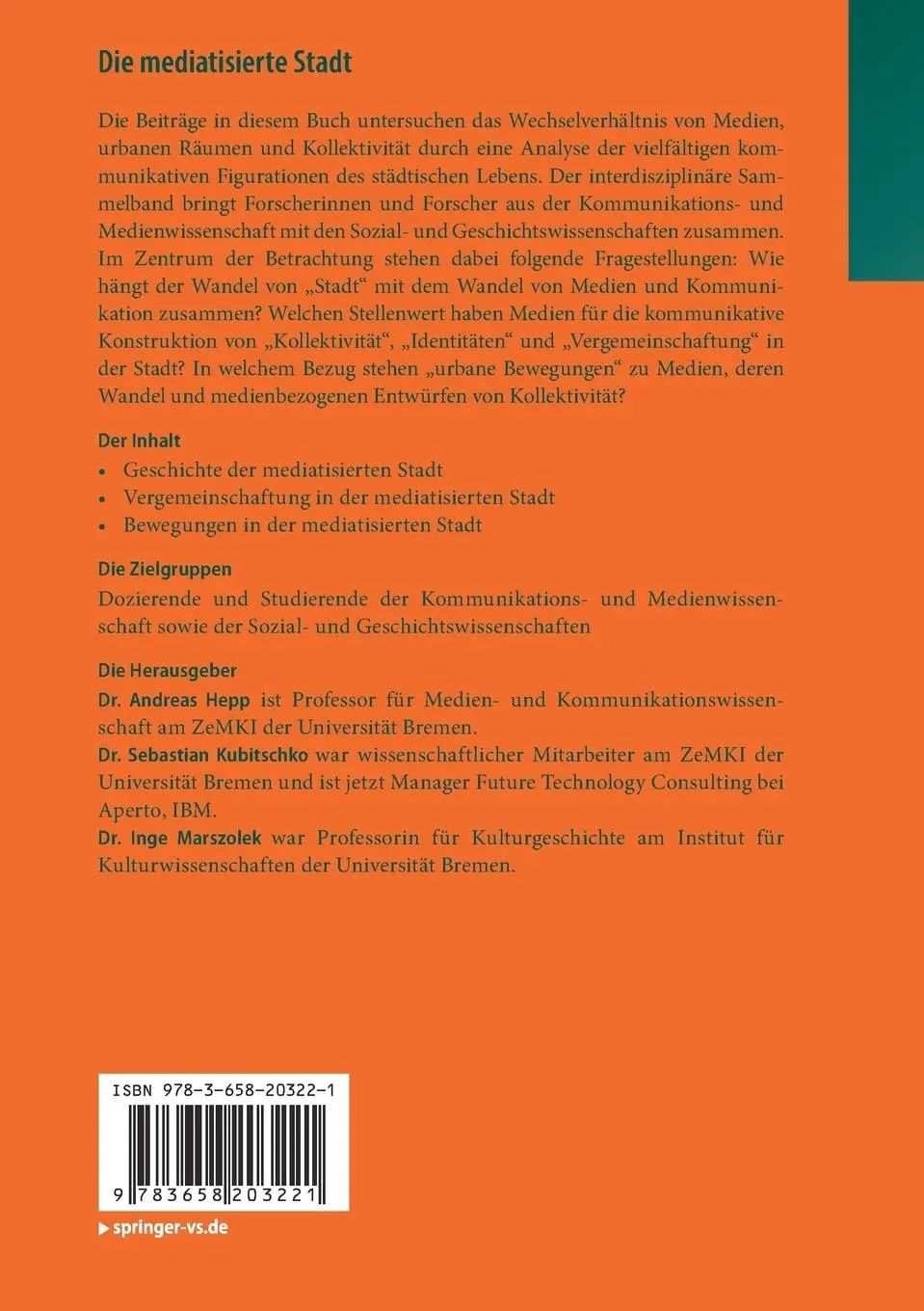 Rückseite: 9783658203221 | Die mediatisierte Stadt | Andreas Hepp (u. a.) | Taschenbuch | viii