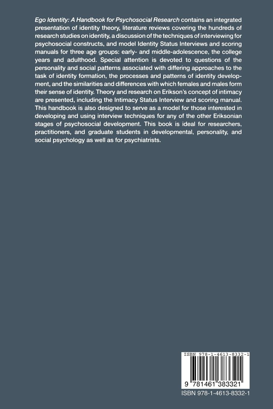Rückseite: 9781461383321 | Ego Identity | A Handbook for Psychosocial Research | Marcia (u. a.)