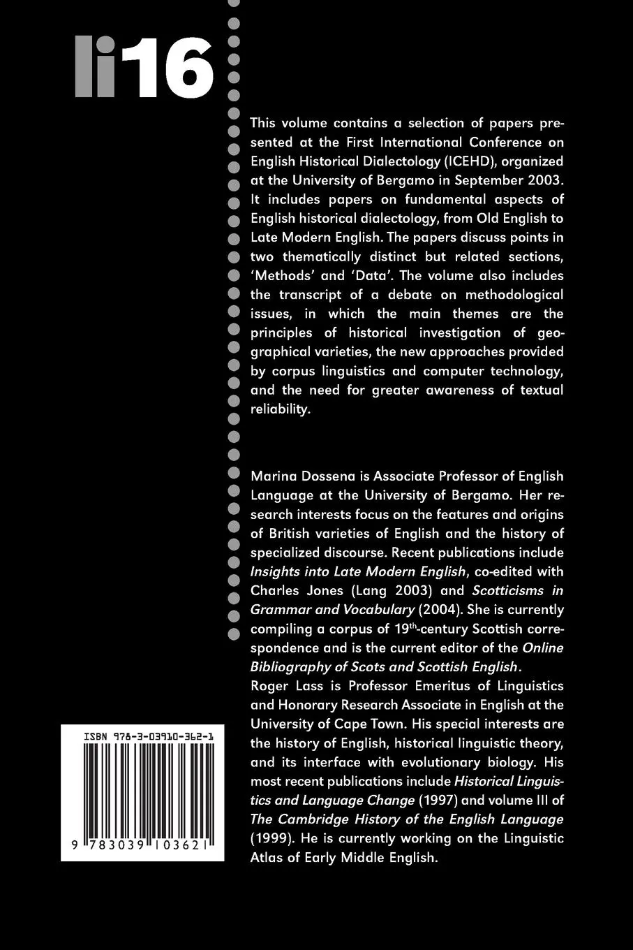 Rückseite: 9783039103621 | Methods and Data in English Historical Dialectology | Lass (u. a.)