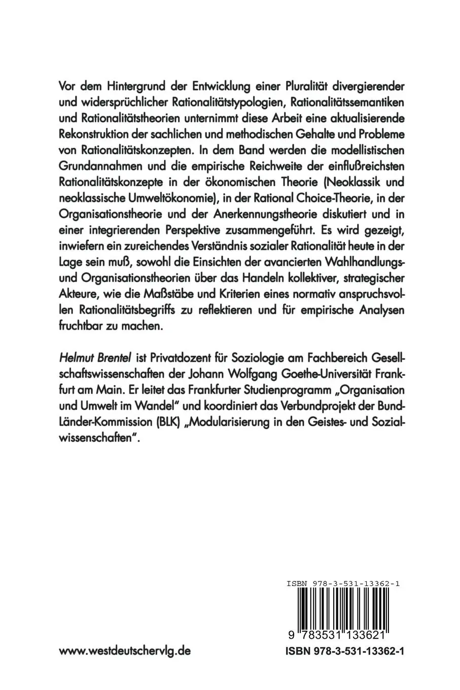 Rückseite: 9783531133621 | Soziale Rationalität | Helmut Brentel | Taschenbuch | 530 S. | Deutsch