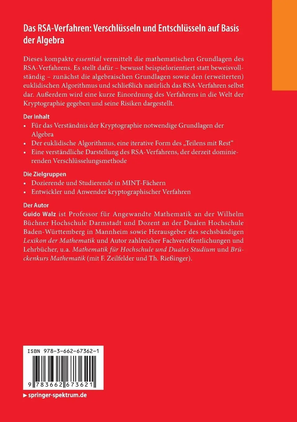 Rückseite: 9783662673621 | Das RSA-Verfahren: Verschlüsseln und Entschlüsseln auf Basis der...