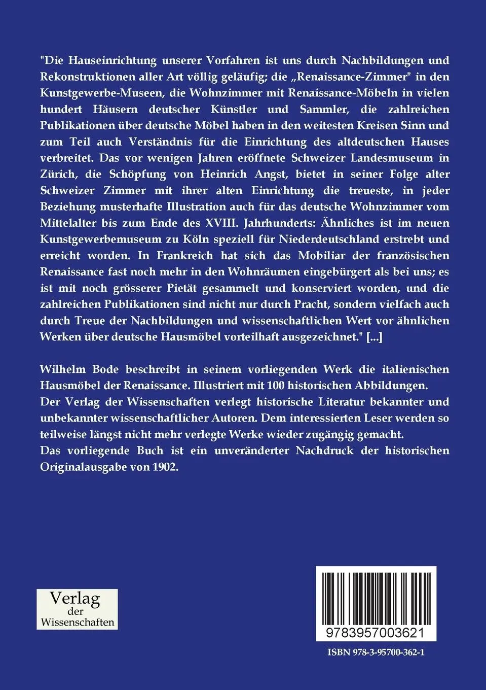 Rückseite: 9783957003621 | Die italienischen Hausmöbel der Renaissance | Wilhelm Von Bode | Buch