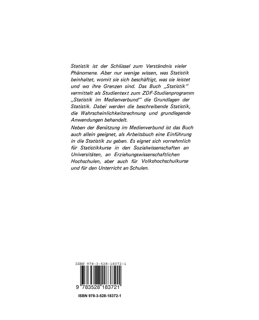Rückseite: 9783528183721 | Statistik | Karl Bosch (u. a.) | Taschenbuch | 284 S. | Deutsch | 1977