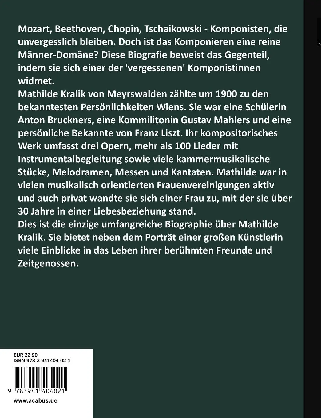 Rückseite: 9783941404021 | Ein Kuss von Franz Liszt. Mathilde Kralik von Meyrswalden | Buch