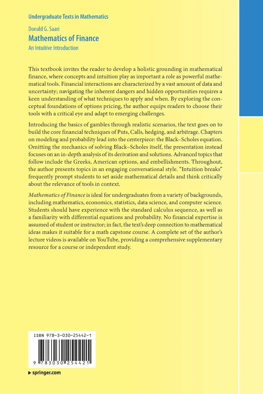 Rückseite: 9783030254421 | Mathematics of Finance | An Intuitive Introduction | Donald G. Saari