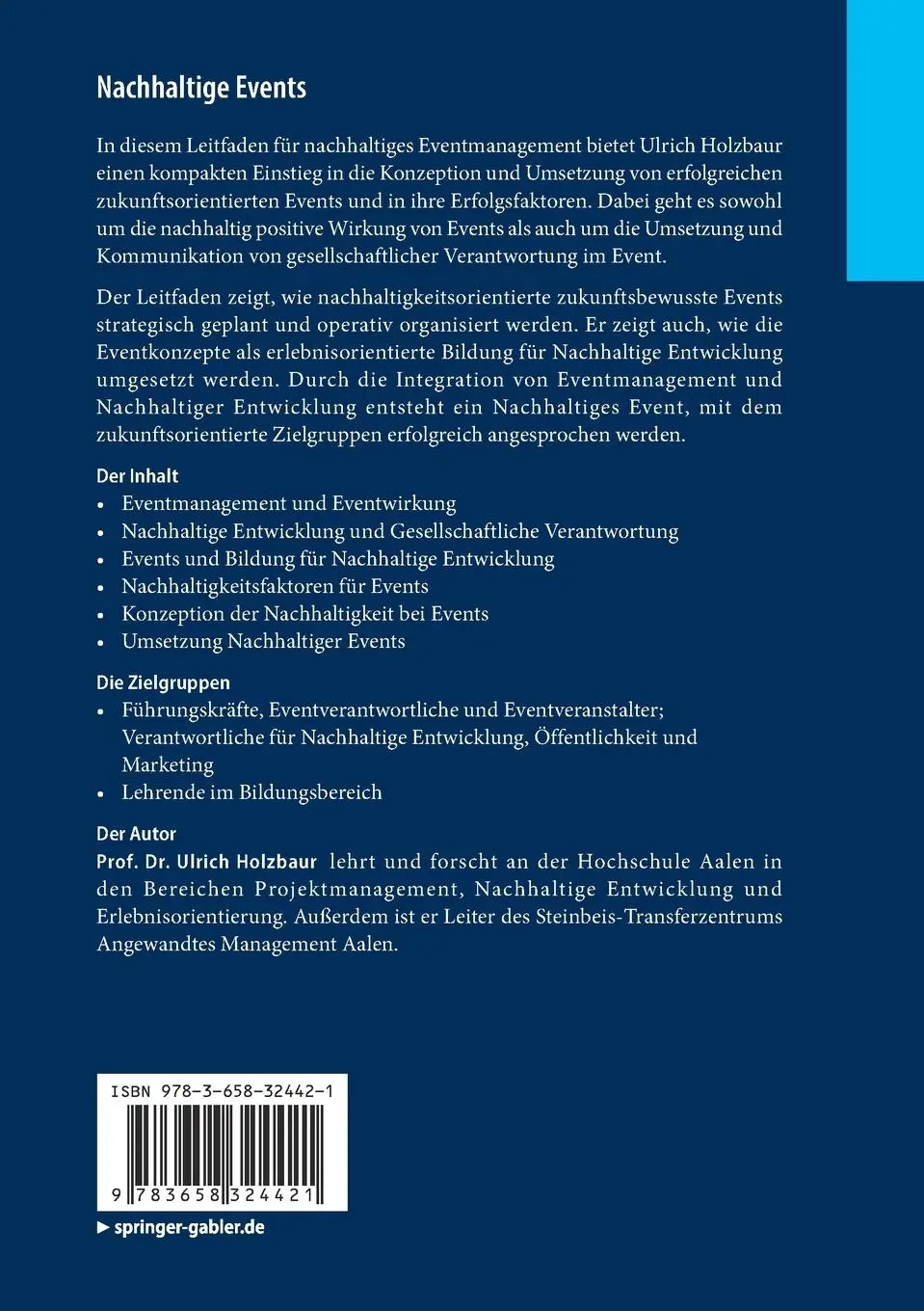 Rückseite: 9783658324421 | Nachhaltige Events | Ulrich Holzbaur | Taschenbuch | viii | Deutsch