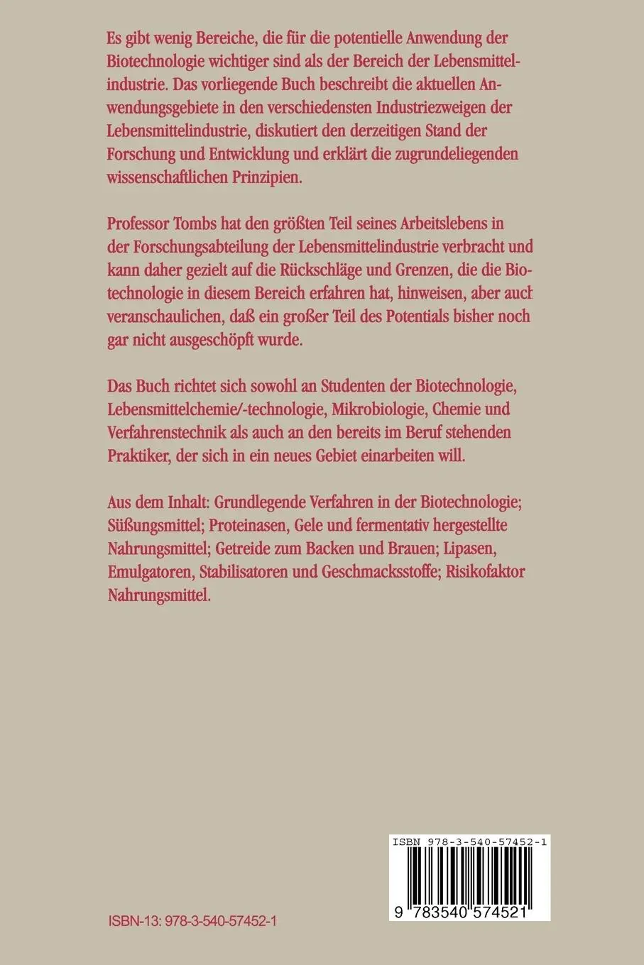 Rückseite: 9783540574521 | Biotechnologie in der Lebensmittelindustrie | M. P. Tombs | Buch | xiv