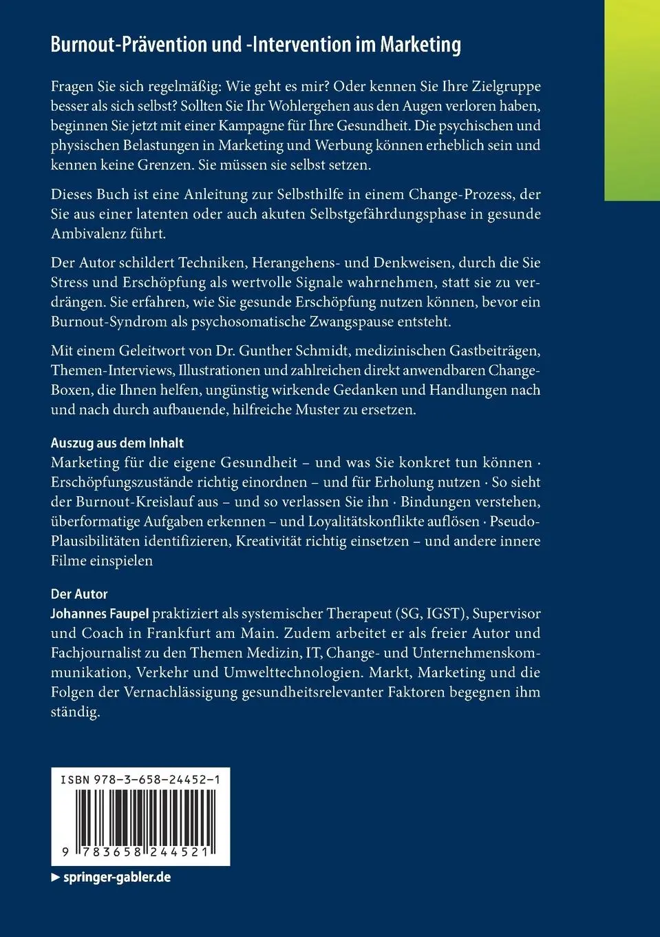 Rückseite: 9783658244521 | Burnout-Prävention und -Intervention im Marketing | Johannes Faupel
