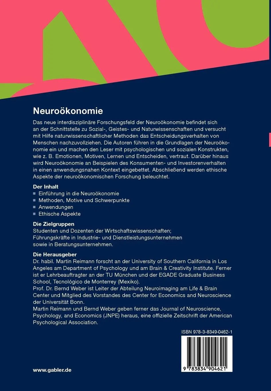 Rückseite: 9783834904621 | Neuroökonomie | Grundlagen - Methoden - Anwendungen | Reimann (u. a.)