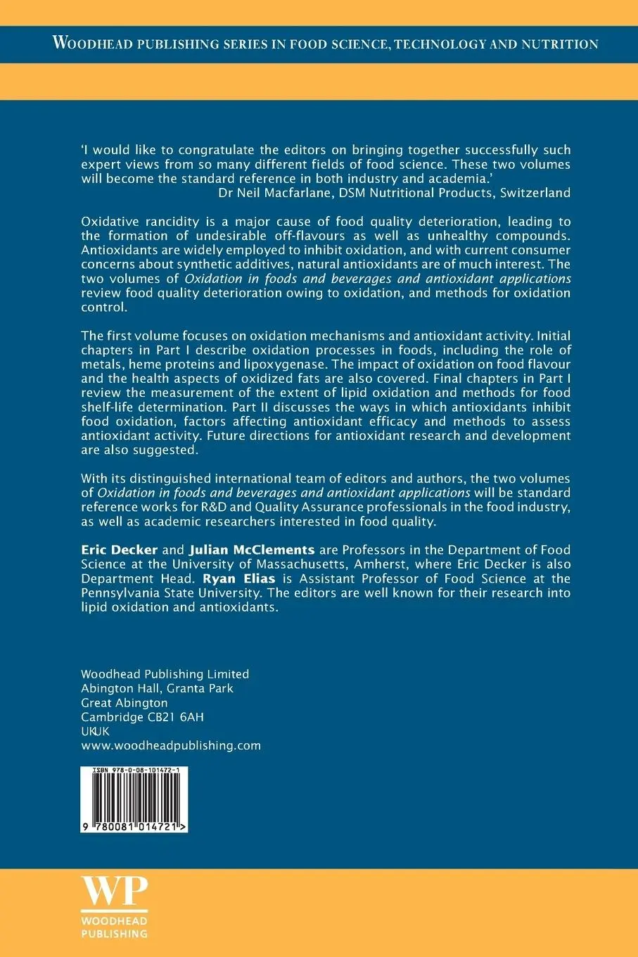 Rückseite: 9780081014721 | Oxidation in Foods and Beverages and Antioxidant Applications | Buch