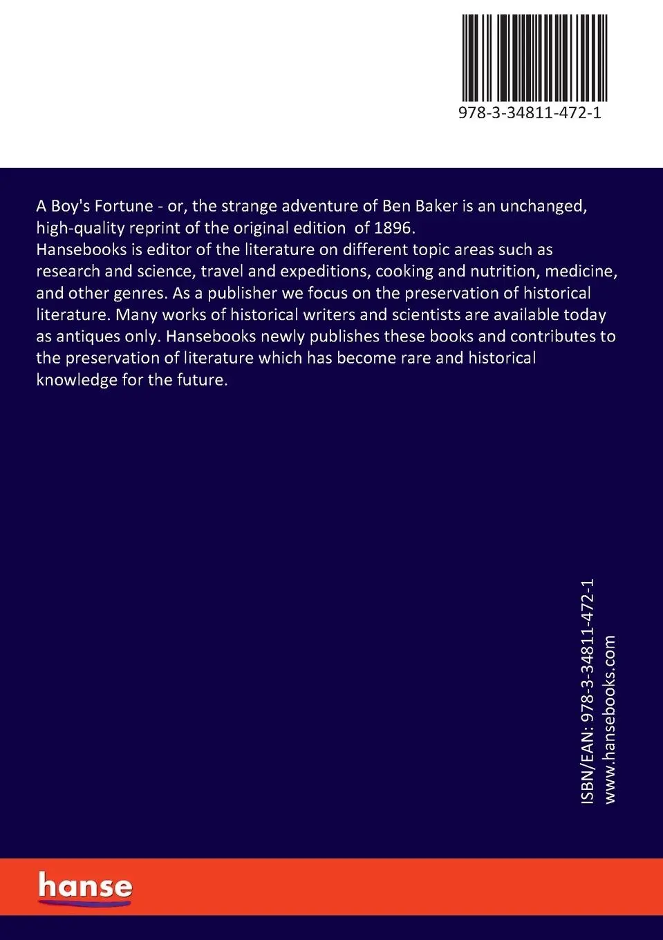 Rückseite: 9783348114721 | A Boy's Fortune | or, the strange adventure of Ben Baker | Alger
