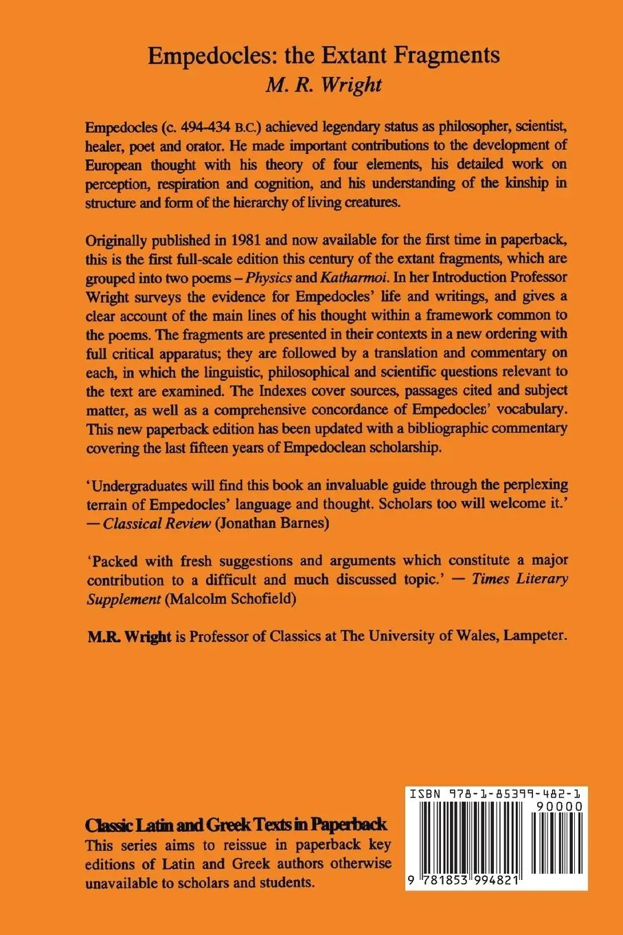 Rückseite: 9781853994821 | Empedocles | Extant Fragments | R. Wright (u. a.) | Taschenbuch | 2013