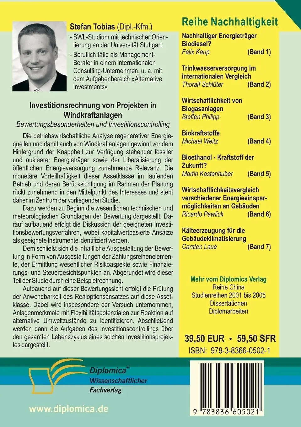 Rückseite: 9783836605021 | Investitionsrechnung von Projekten in Windkraftanlagen | Stefan Tobias