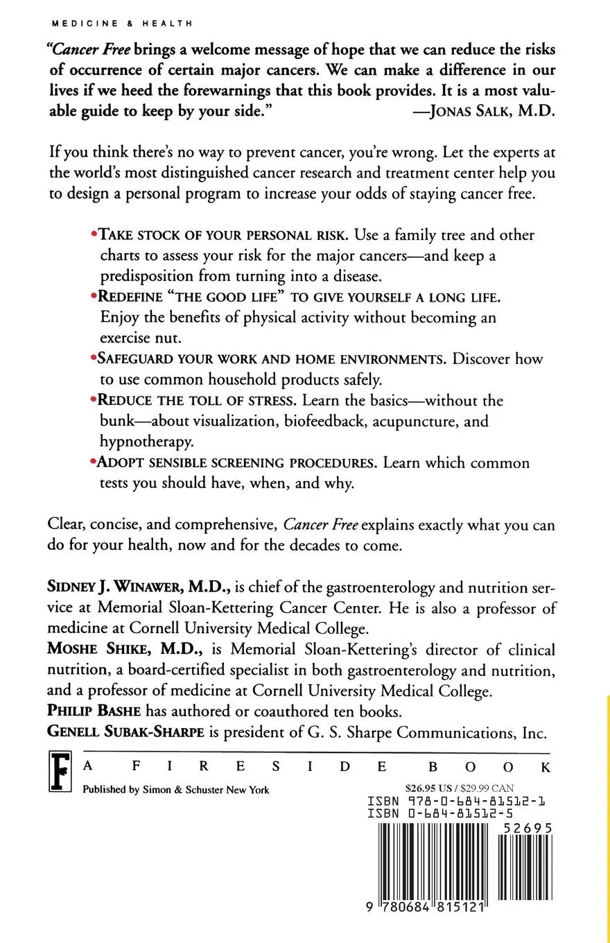 Rückseite: 9780684815121 | Cancer Free | The Comprehensive Cancer Prevention Program | Winawer