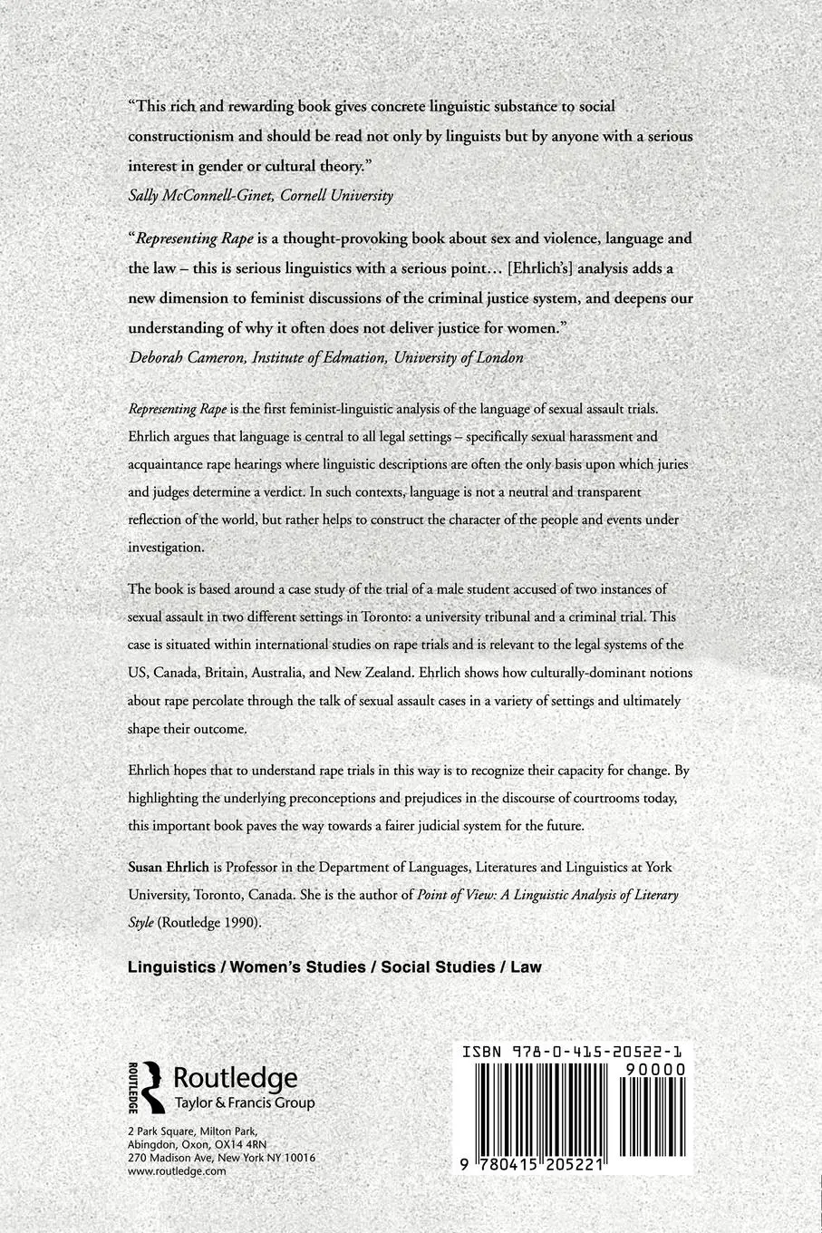 Rückseite: 9780415205221 | Representing Rape | Language and sexual consent | Susan Ehrlich | Buch