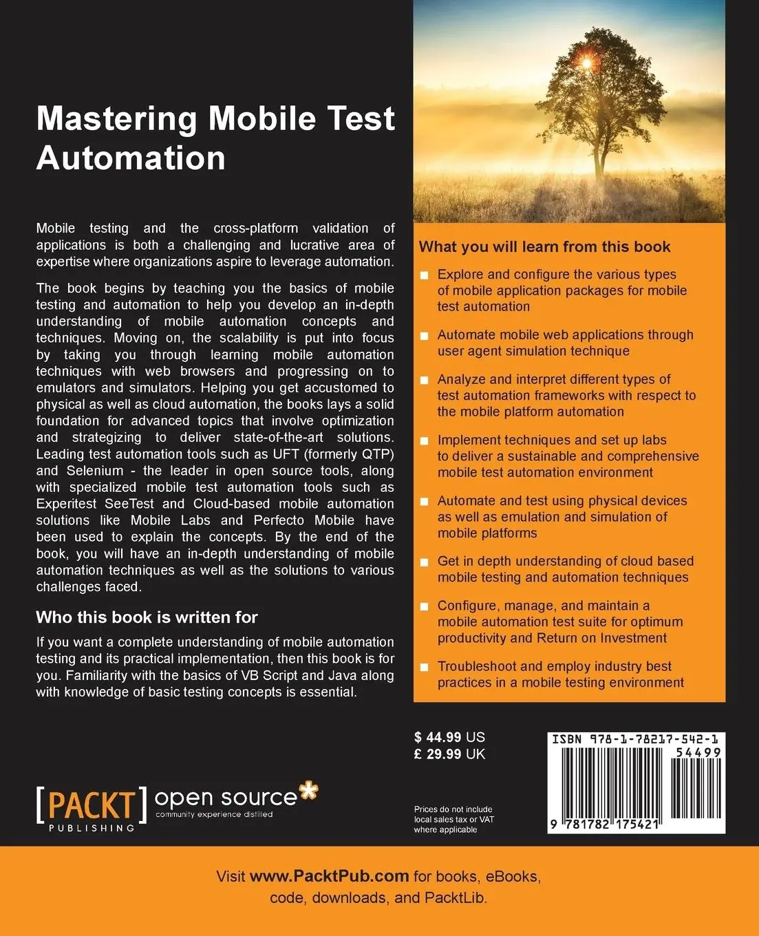 Rückseite: 9781782175421 | Mastering Mobile Test Automation | Feroz Pearl Louis (u. a.) | Buch