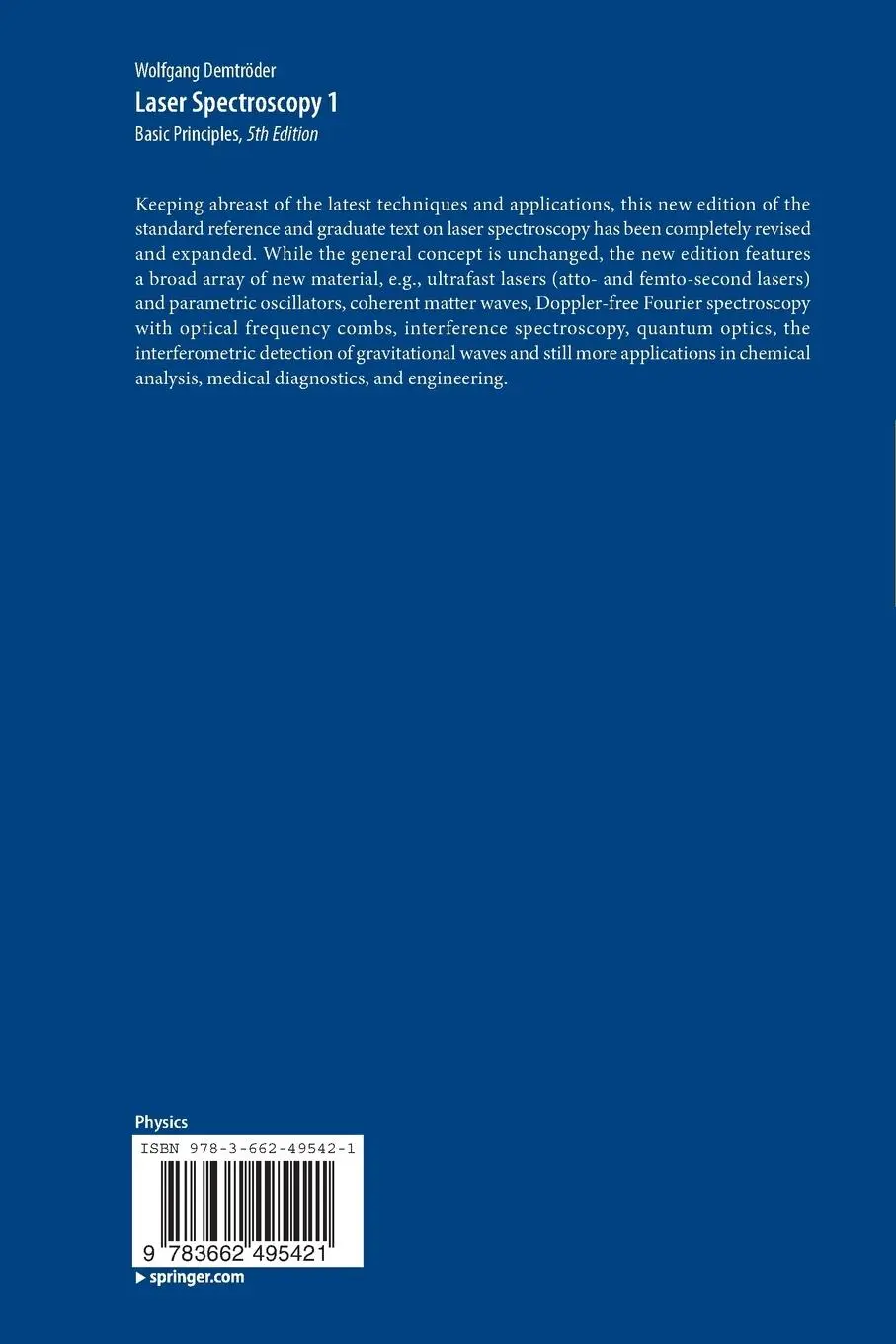 Rückseite: 9783662495421 | Laser Spectroscopy 1 | Basic Principles | Wolfgang Demtröder | Buch