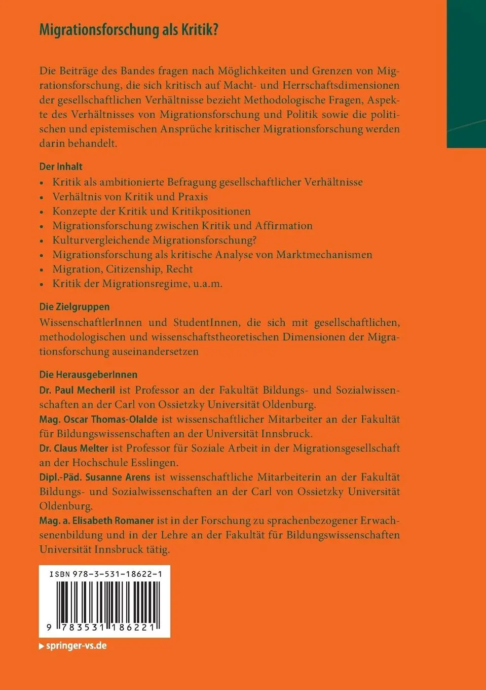 Rückseite: 9783531186221 | Migrationsforschung als Kritik? | Konturen einer Forschungsperspektive