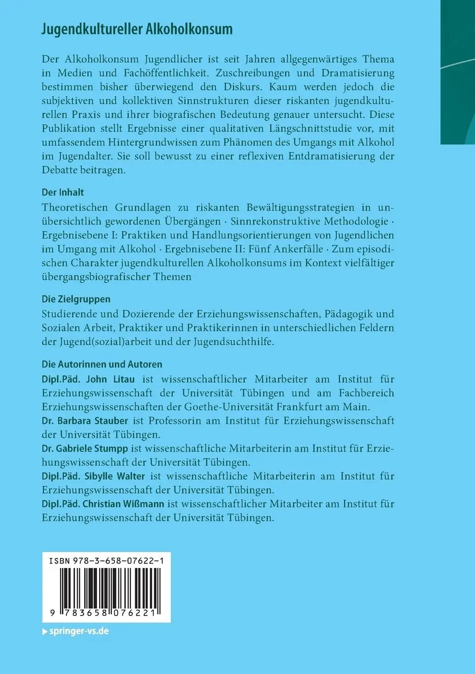 Rückseite: 9783658076221 | Jugendkultureller Alkoholkonsum | John Litau (u. a.) | Taschenbuch