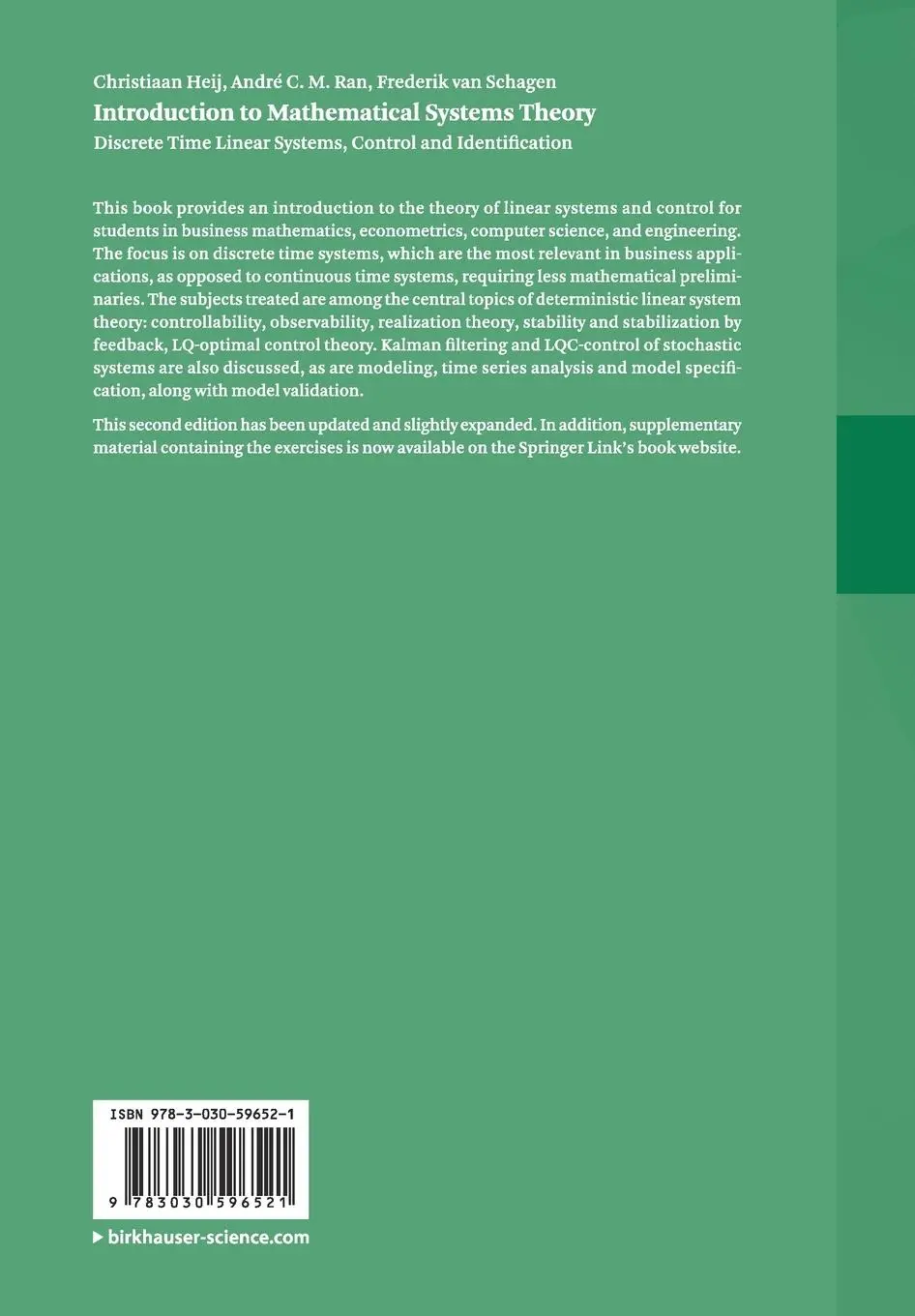 Rückseite: 9783030596521 | Introduction to Mathematical Systems Theory | Christiaan Heij (u. a.)
