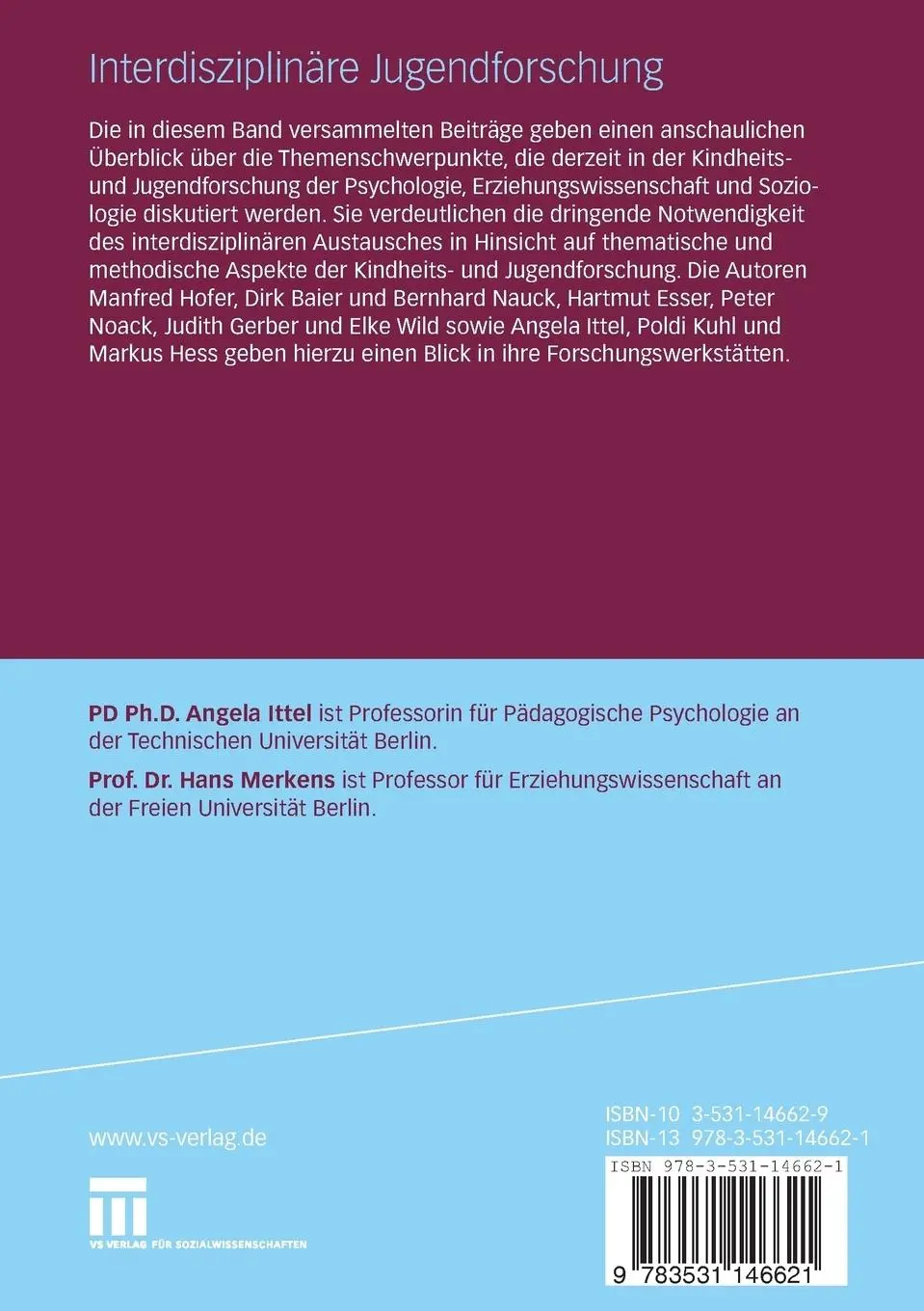 Rückseite: 9783531146621 | Interdisziplinäre Jugendforschung | Hans Merkens (u. a.) | Taschenbuch