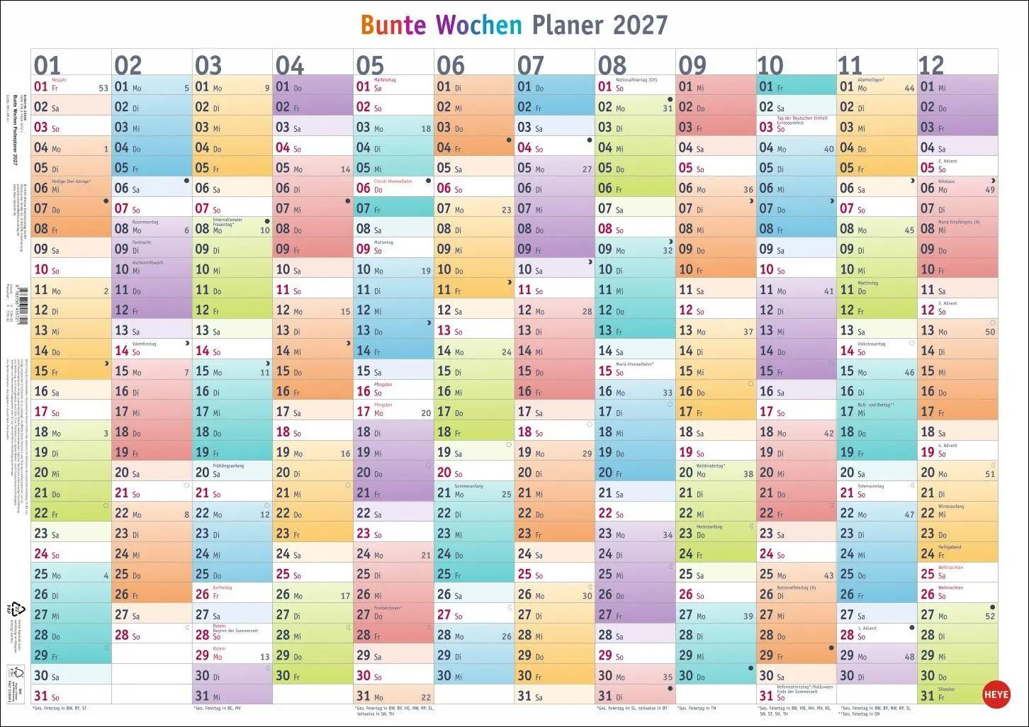 Cover: 9783756416721 | Bunte Wochen Posterplaner 2027 | Kalender | Bunte Wochen Planer Heye