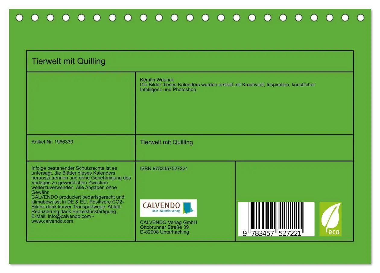 Bild: 9783457527221 | Tierwelt mit Quilling (Tischkalender 2026 DIN A5 quer), CALVENDO...