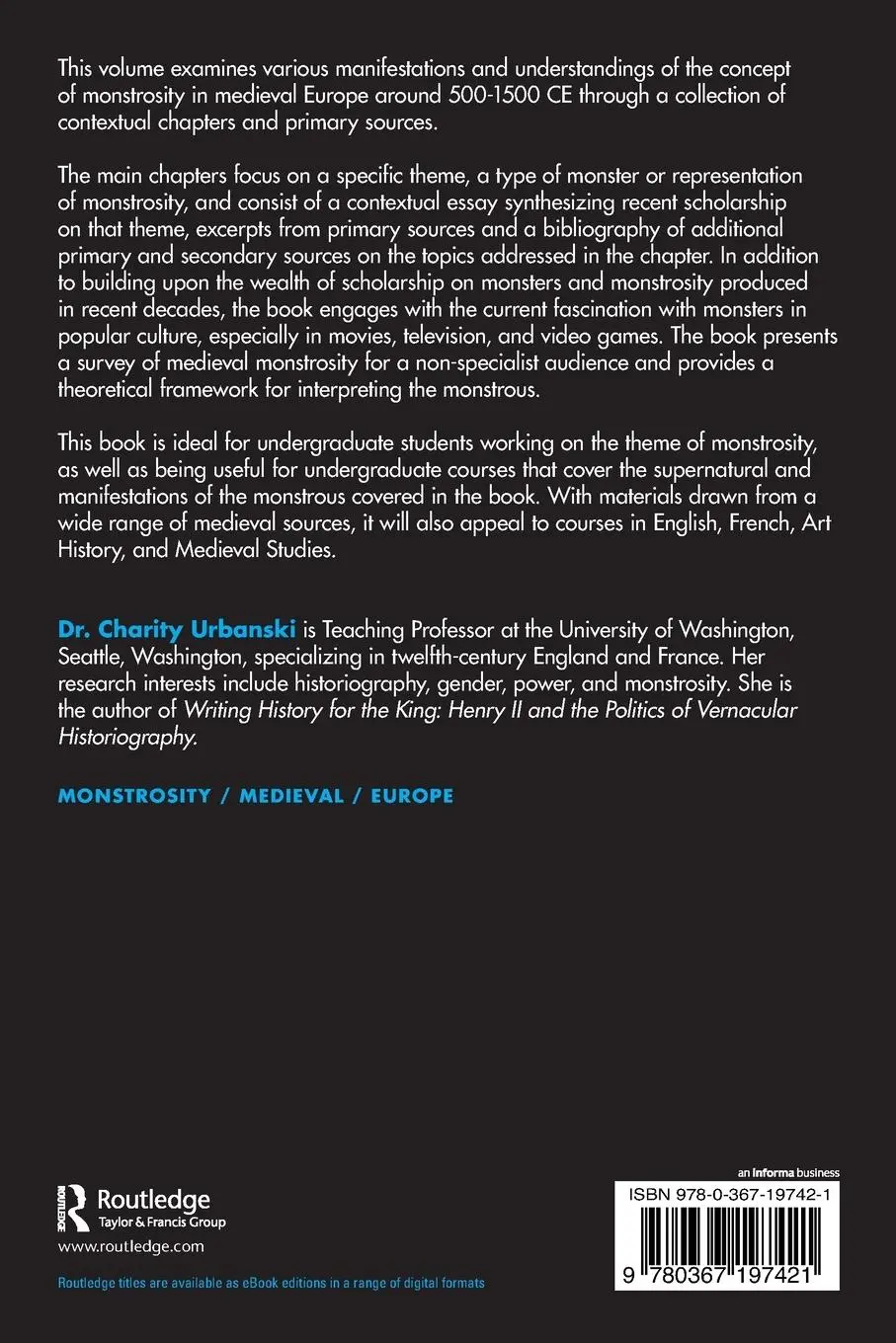 Rückseite: 9780367197421 | Medieval Monstrosity | Imagining the Monstrous in Medieval Europe