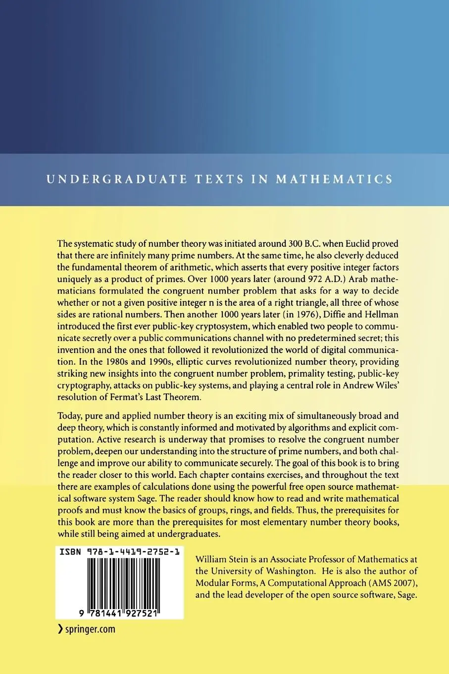 Rückseite: 9781441927521 | Elementary Number Theory: Primes, Congruences, and Secrets | Stein | x