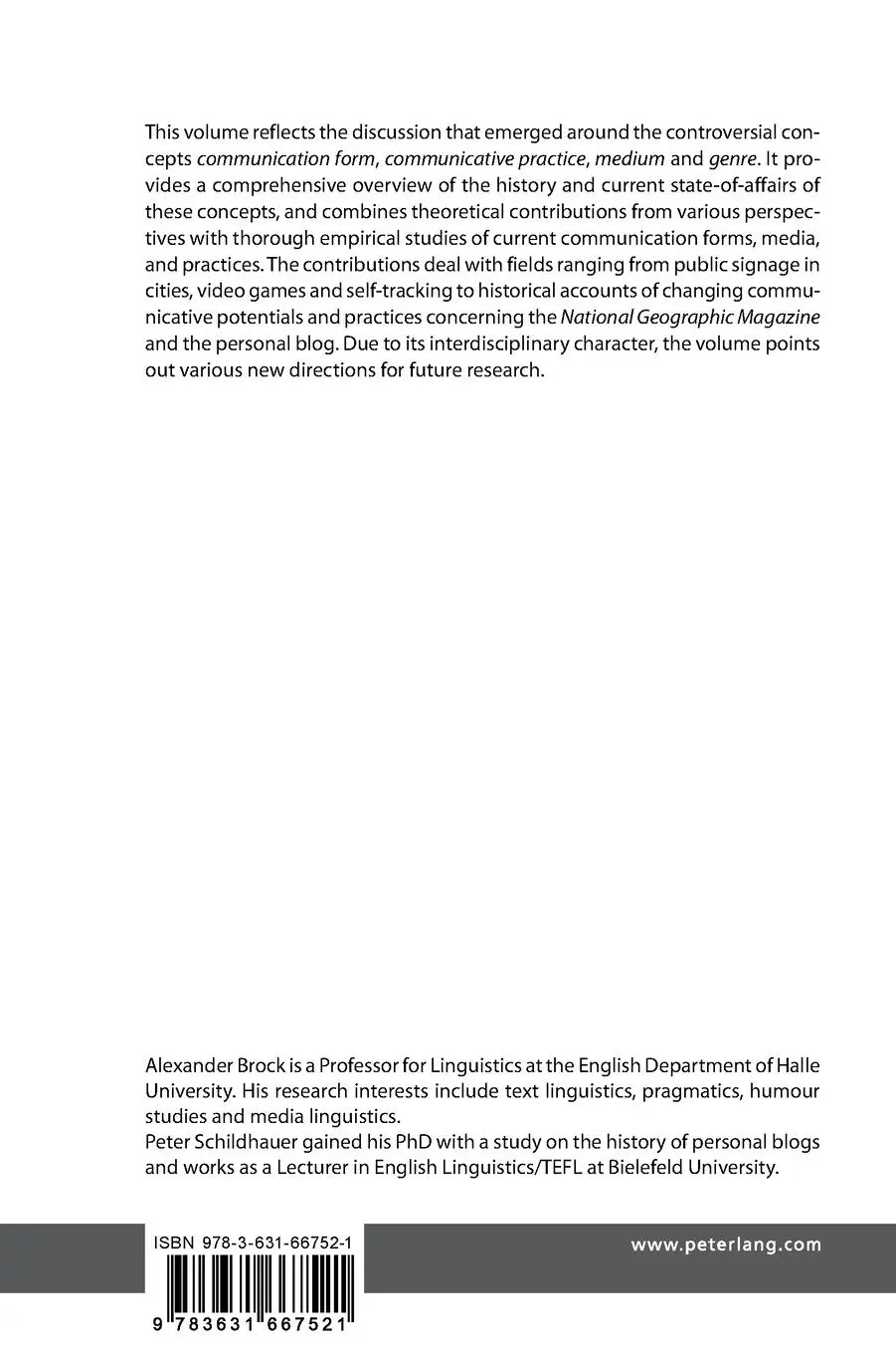 Rückseite: 9783631667521 | Communication Forms and Communicative Practices | Schildhauer (u. a.)