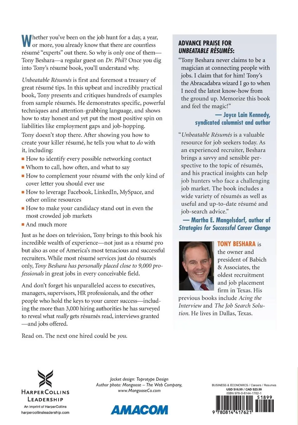 Rückseite: 9780814417621 | The Unbeatable Resumes | Tony Beshara | Taschenbuch | Englisch | 2011