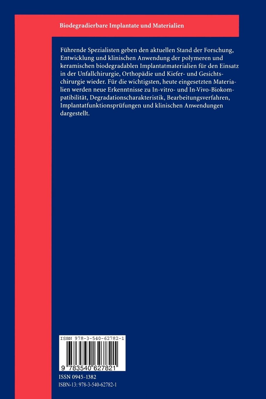 Rückseite: 9783540627821 | Biodegradierbare Implantate und Materialien | Lutz Claes (u. a.) | x