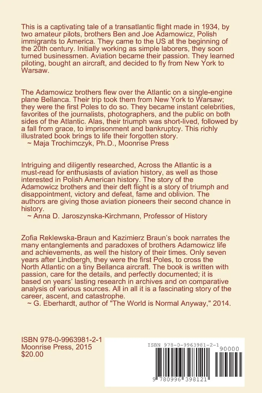 Rückseite: 9780996398121 | Across the Atlantic | The Adamowicz Brothers, Polish Aviation Pioneers