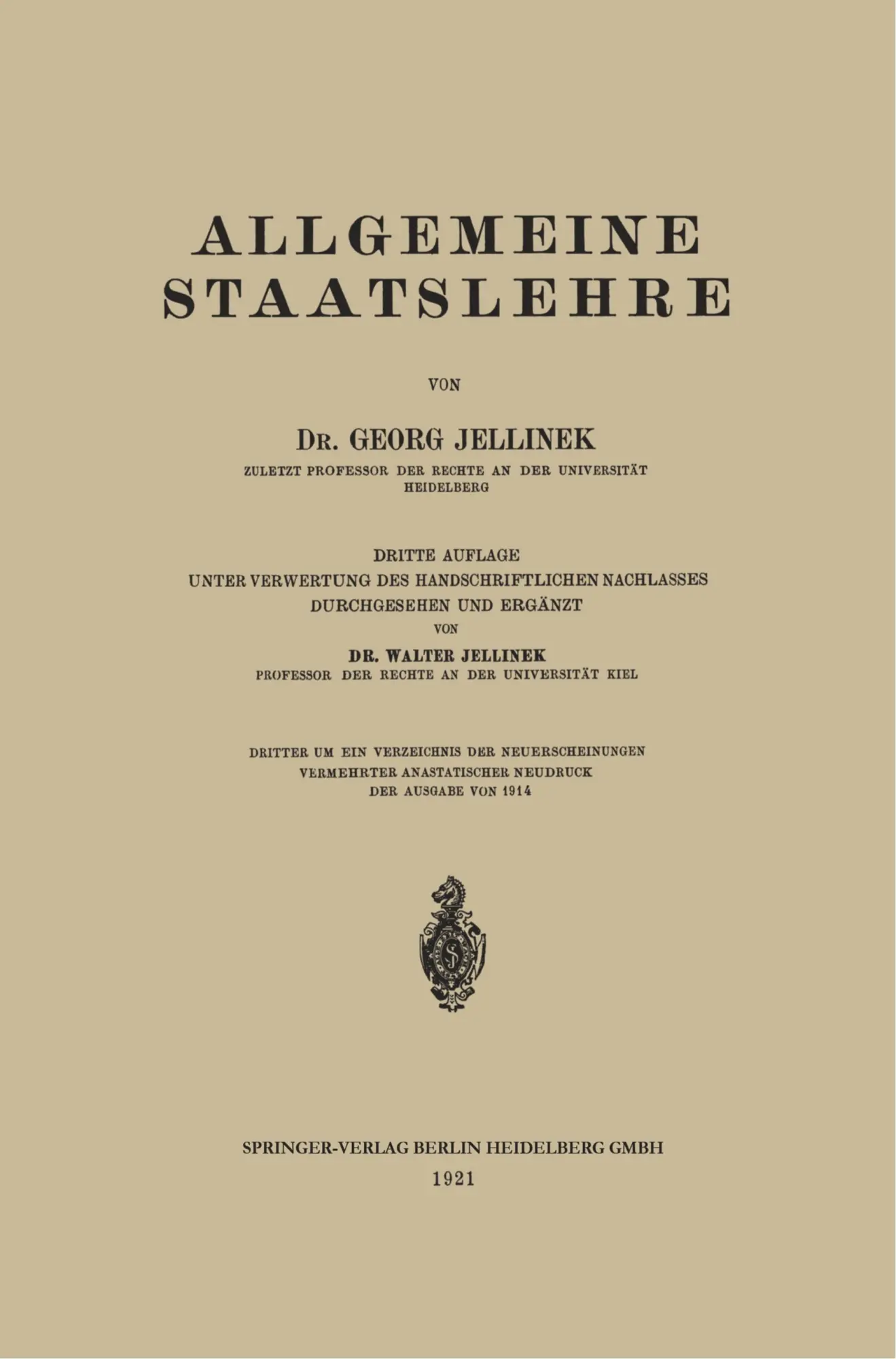 Cover: 9783662428221 | Allgemeine Staatslehre | Walter Jellinek (u. a.) | Taschenbuch | xli