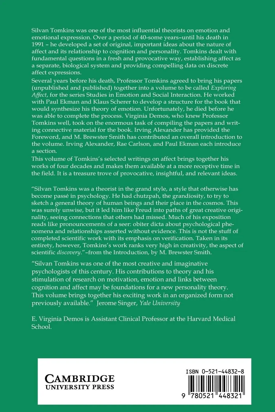 Rückseite: 9780521448321 | Exploring Affect | The Selected Writings of Silvan S Tomkins | Buch