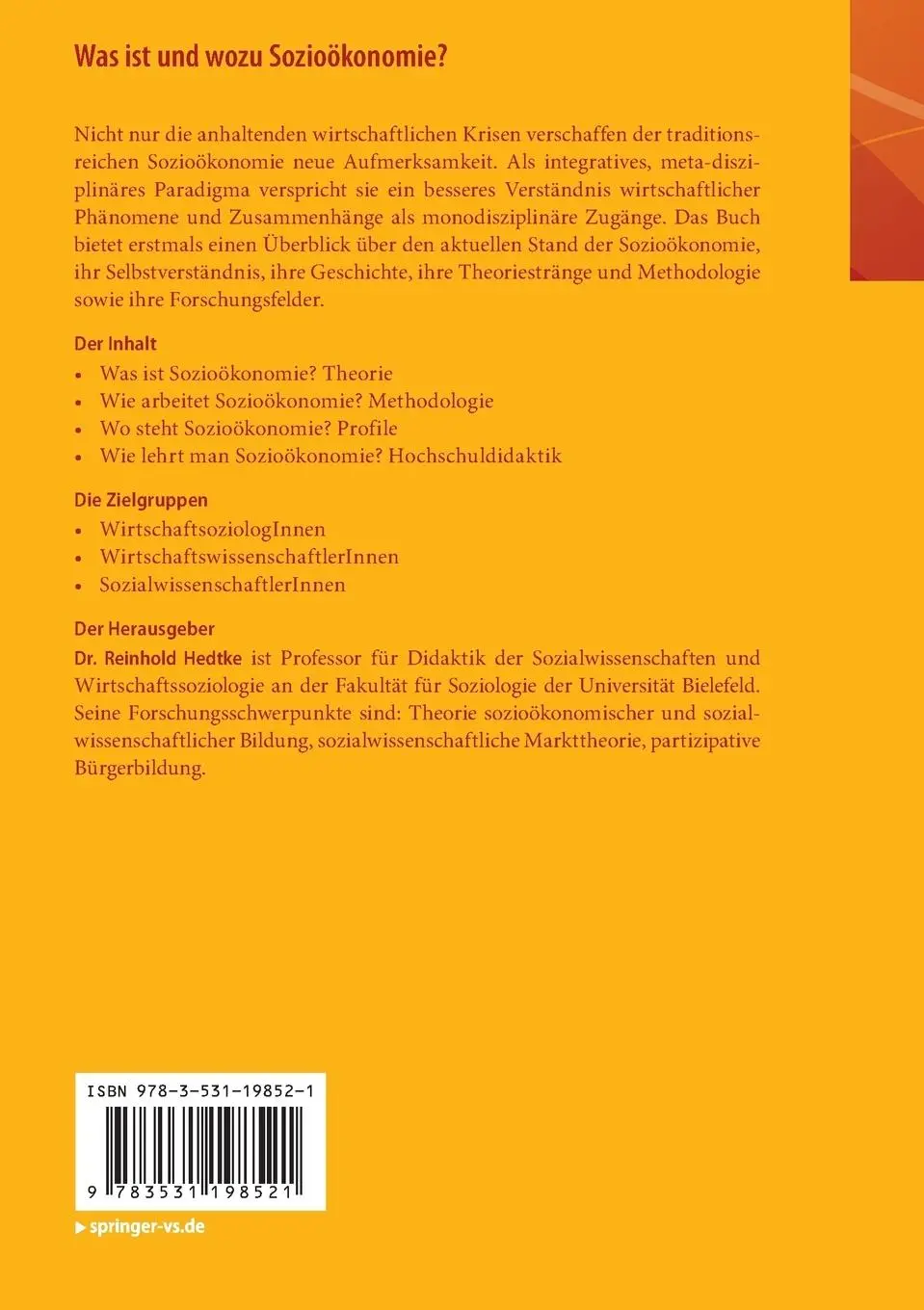 Rückseite: 9783531198521 | Was ist und wozu Sozioökonomie? | Reinhold Hedtke | Taschenbuch | xvi