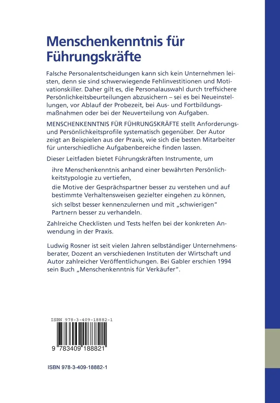 Rückseite: 9783409188821 | Menschenkenntnis für Führungskräfte | Ludwig Rosner | Taschenbuch